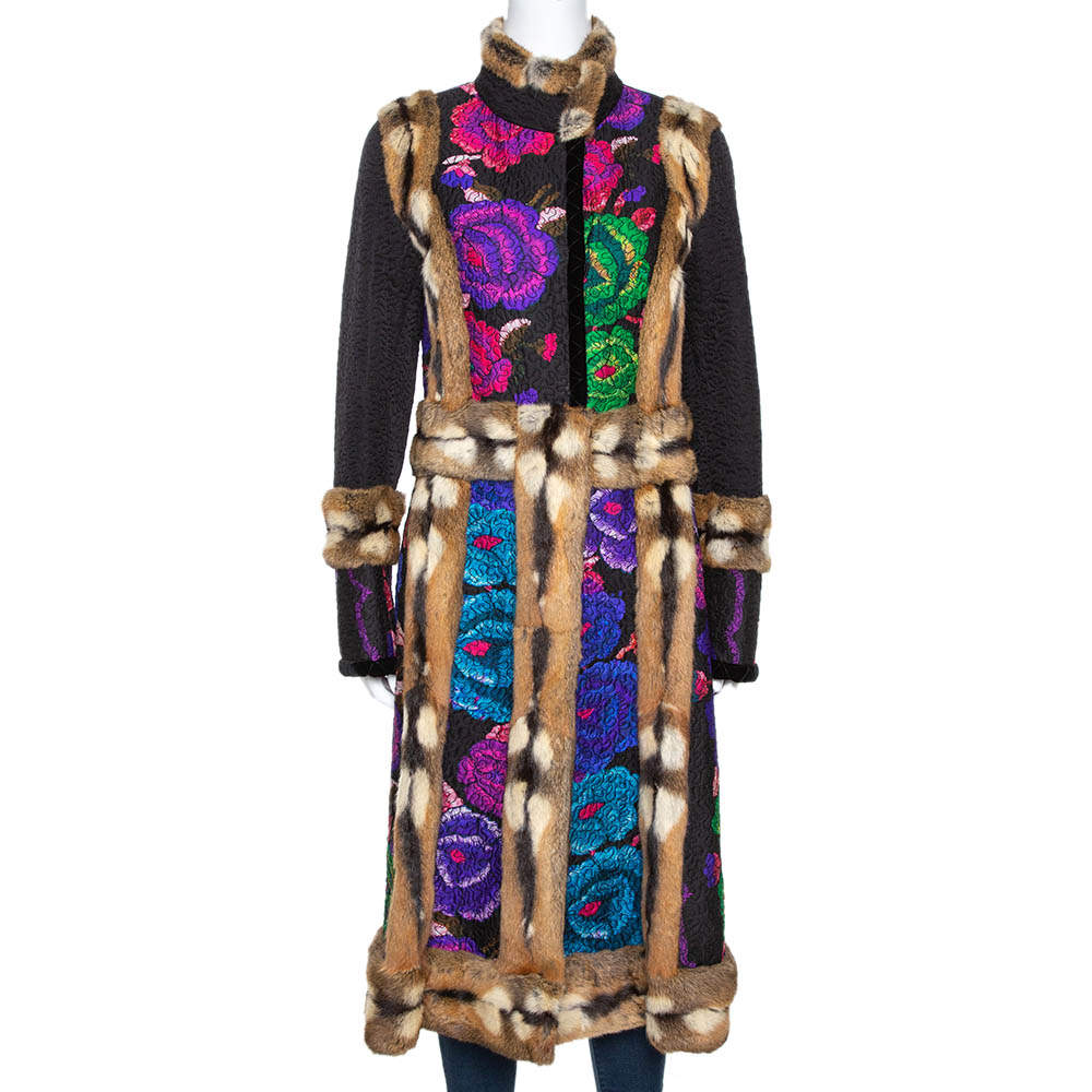 Pre Owned جاكيت روبرتو كافالي متوسط الطول بطانة فرو و خليط صوف مطبوع متعدد الألوان M