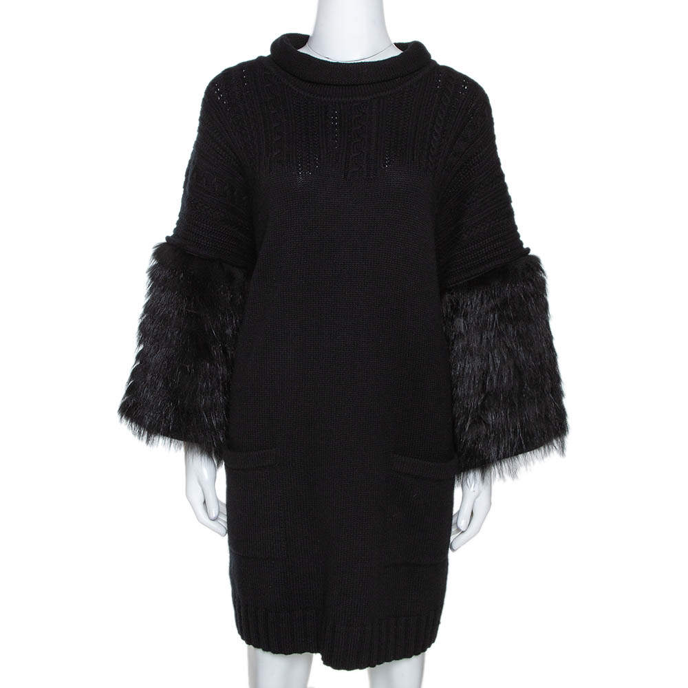 Pre Owned Roberto Cavalli Black Cashmere Blend Fur Lined Turtle Neck Sweater L