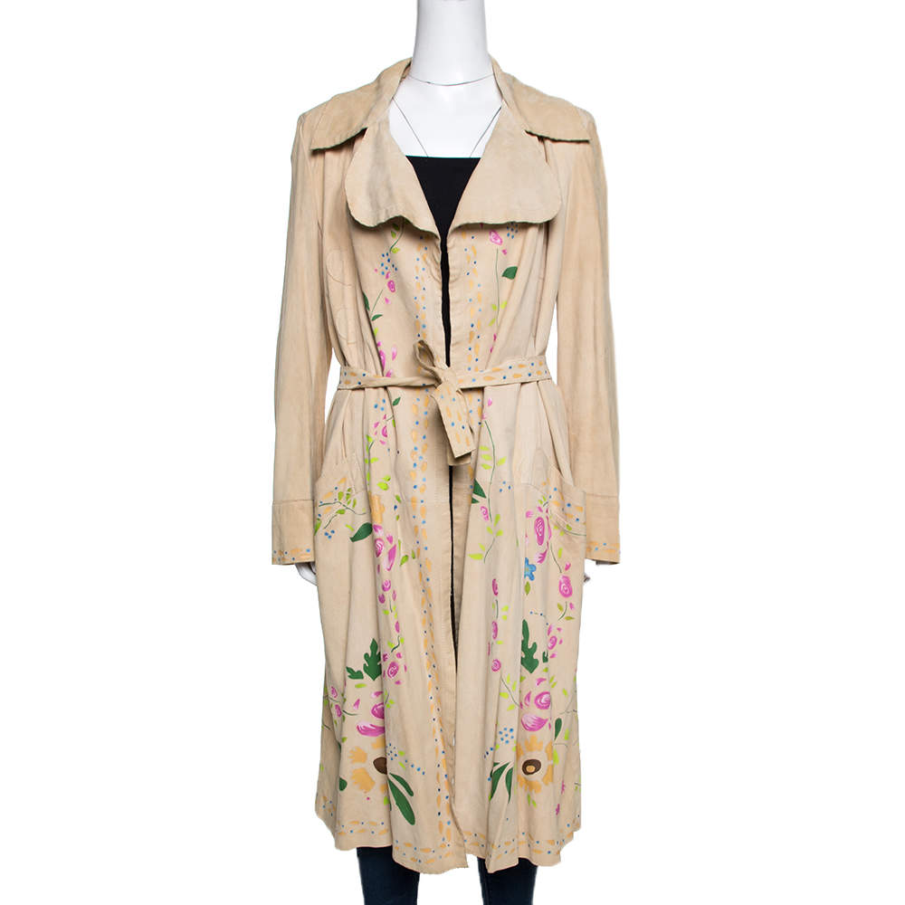 Roberto Cavalli Beige Suede Floral Painted Effect Belted Mid Length Coat M