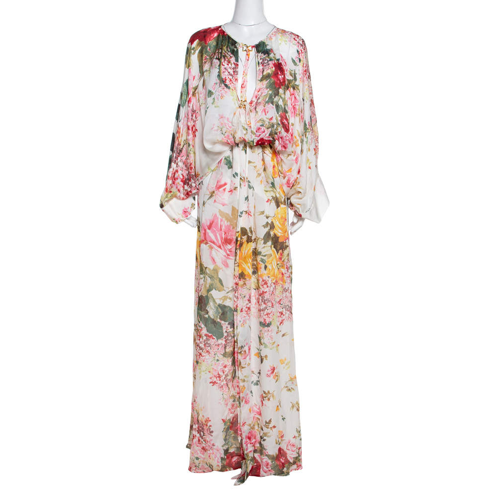 Roberto Cavalli White Floral Printed Silk Maxi Kaftan Dress L