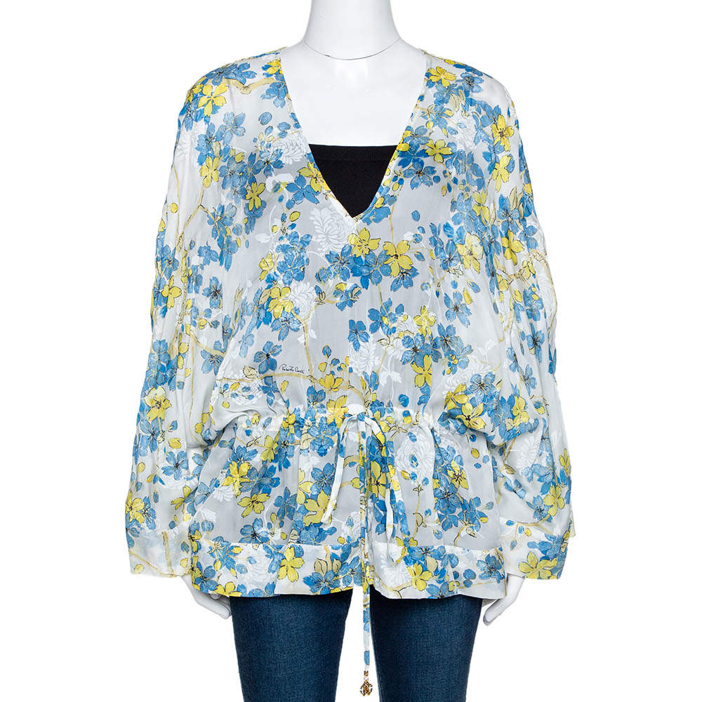 Pre Owned Roberto Cavalli Blue & White Floral Print Silk Sheer Kaftan Top M