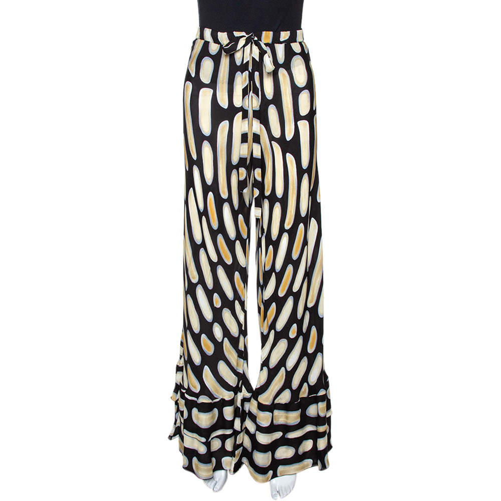 Pre Owned Roberto Cavalli Black Printed Silk Ruffled Hem Flared Pants M