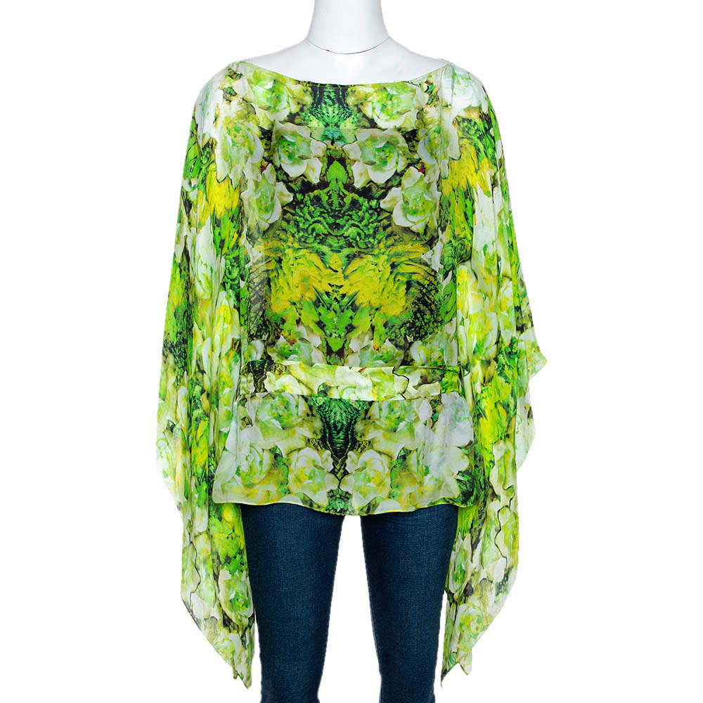 Pre Owned توب قفطان روبرتو كافالي حزام حرير طباعة تجريدية أخضر M