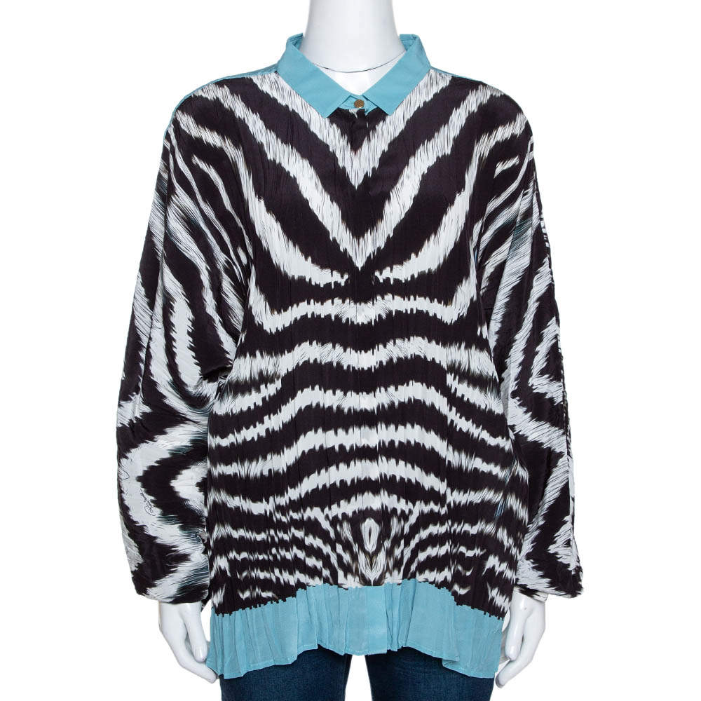 Pre Owned Roberto Cavalli Monochrome Stripe Print Silk Dolman Sleeve Blouse L
