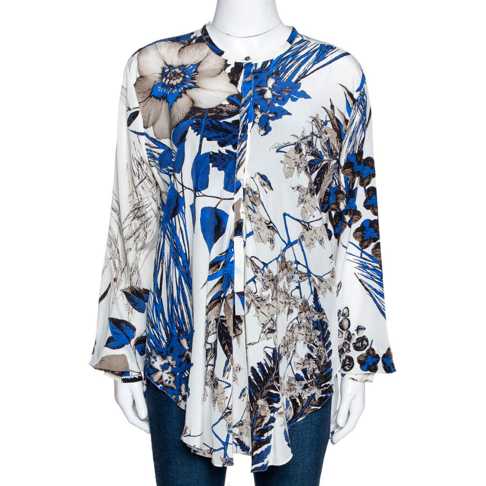 مملوكة مسبقًا Roberto Cavalli Blue Leaf Print Silk Button Front Blouse L