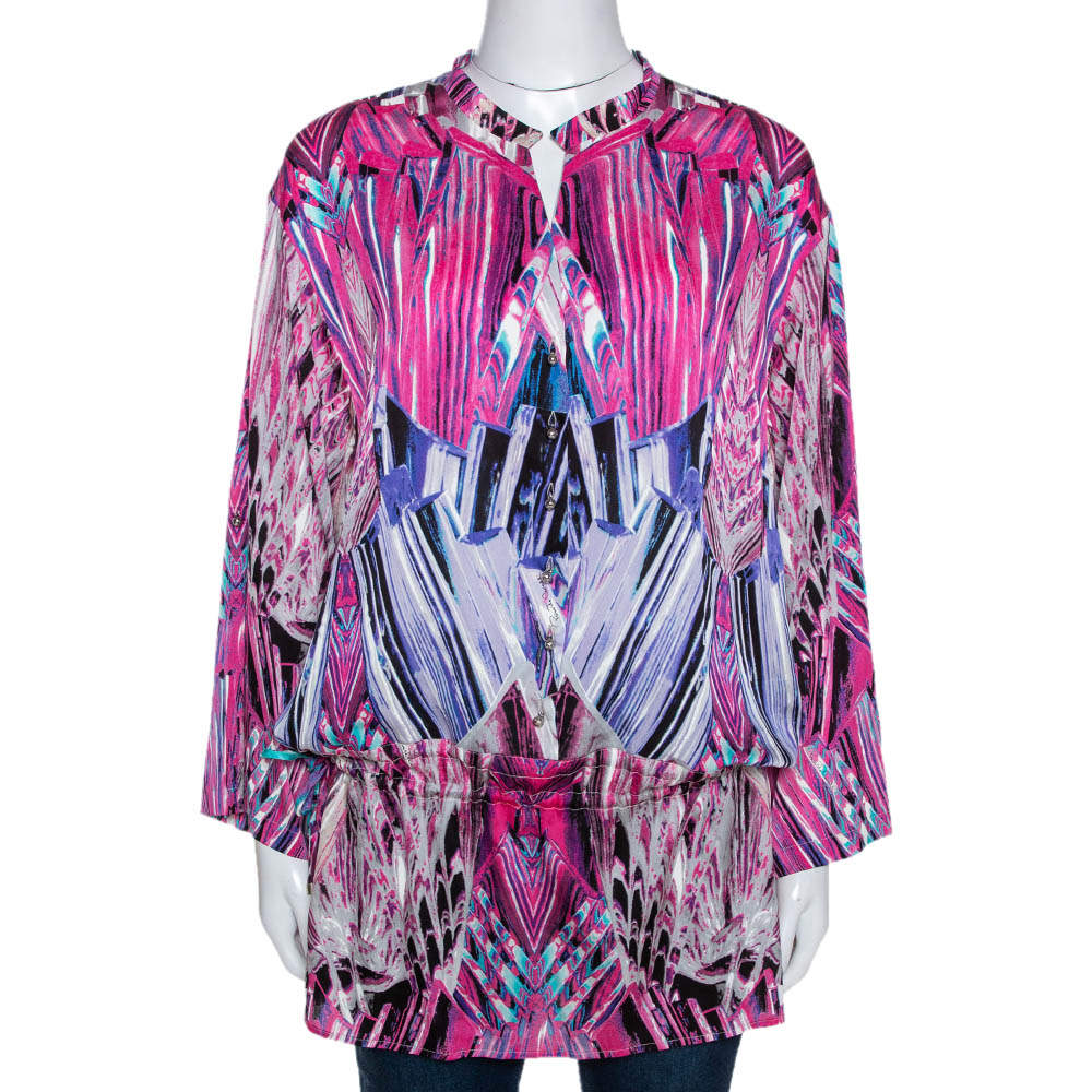 Pre Owned Robert Cavalli Pink Printed Stretch Silk Tunic Top M