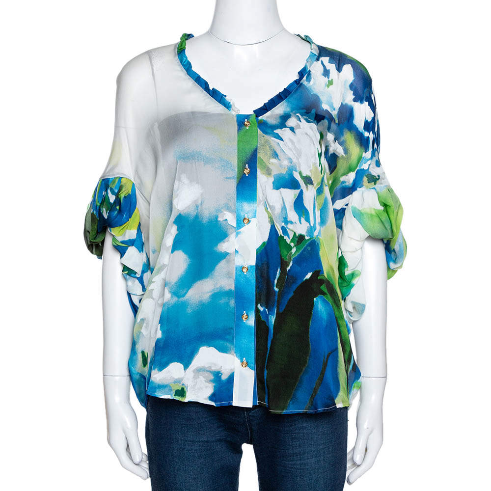 مملوكة مسبقًا Roberto Cavalli Blue Printed Silk Gathered Sleeve Sheer Blouse M