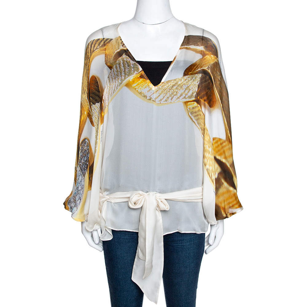 Pre Owned Roberto Cavalli Cream Chain Print Silk Front Tie Detail Sheer Kaftan M