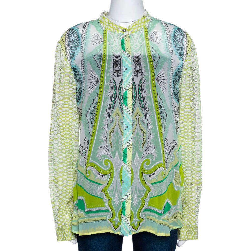 مملوكة مسبقًا قميص روبرتو كافالي حرير أخضر فاتح شفاف بأكمام طويلة مقاس كبير (لارج)