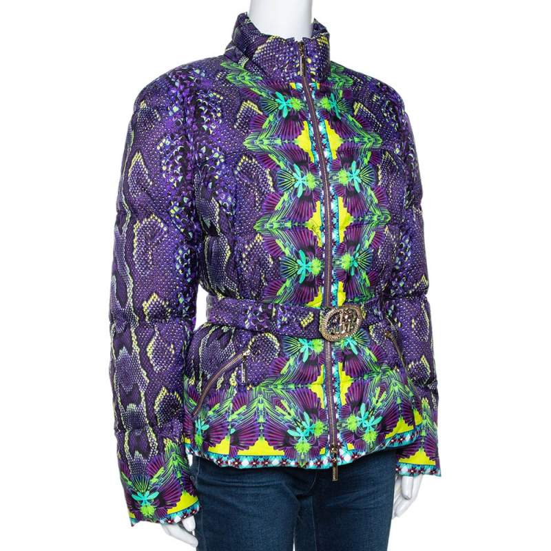 Roberto Cavalli Purple Snakeskin Print Belted Puffer Jacket L 