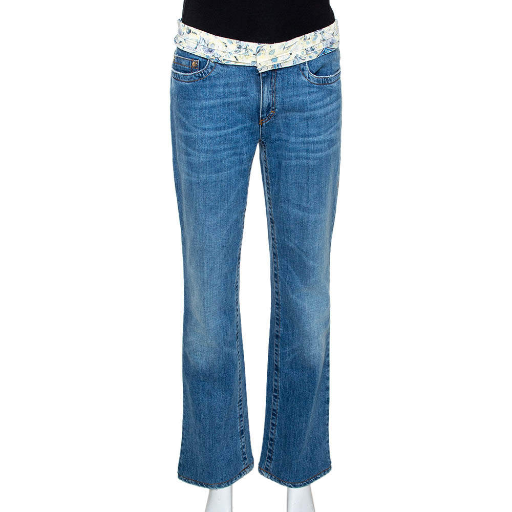 Roberto Cavalli Blue Denim & Silk Waist Trim Detail Straight Leg Jeans L