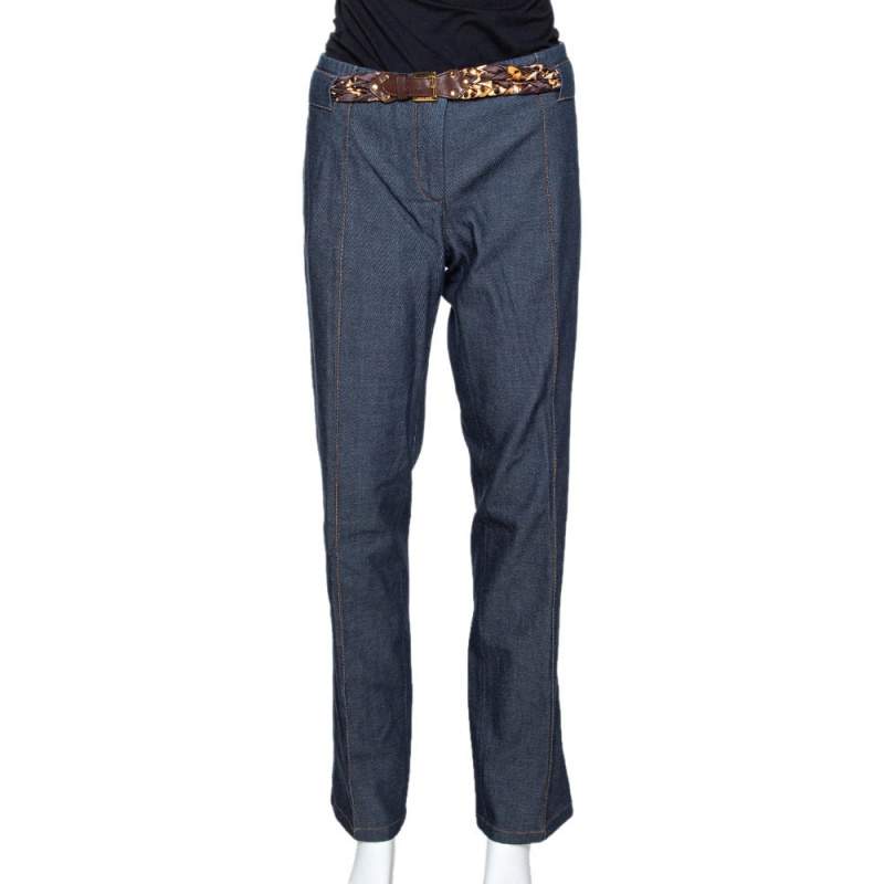 Pre Owned Roberto Cavalli Indigo Stretch Cotton Leopard Print Trim Pants L