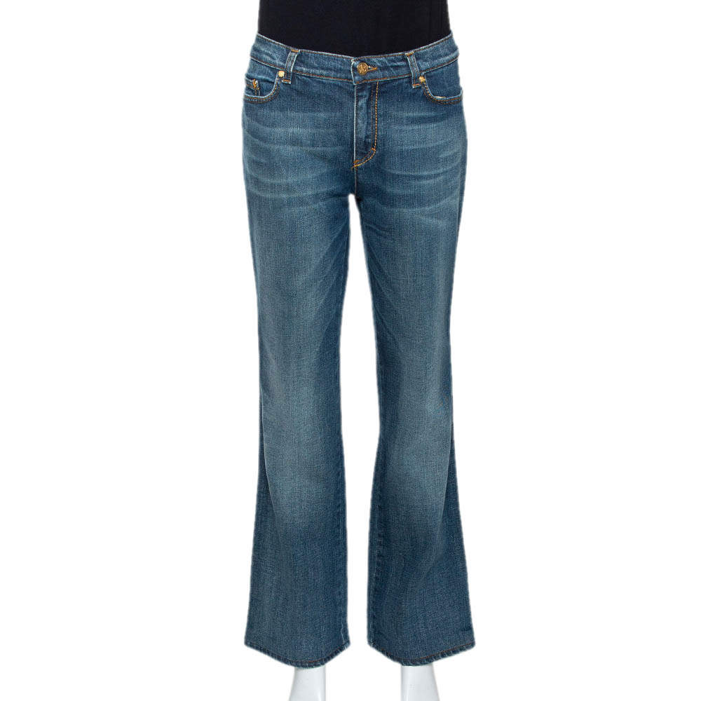 Pre Owned بنطلون روبرتو كافالي ساق مستقيمة دنيم مغسول متوسط أزرق L