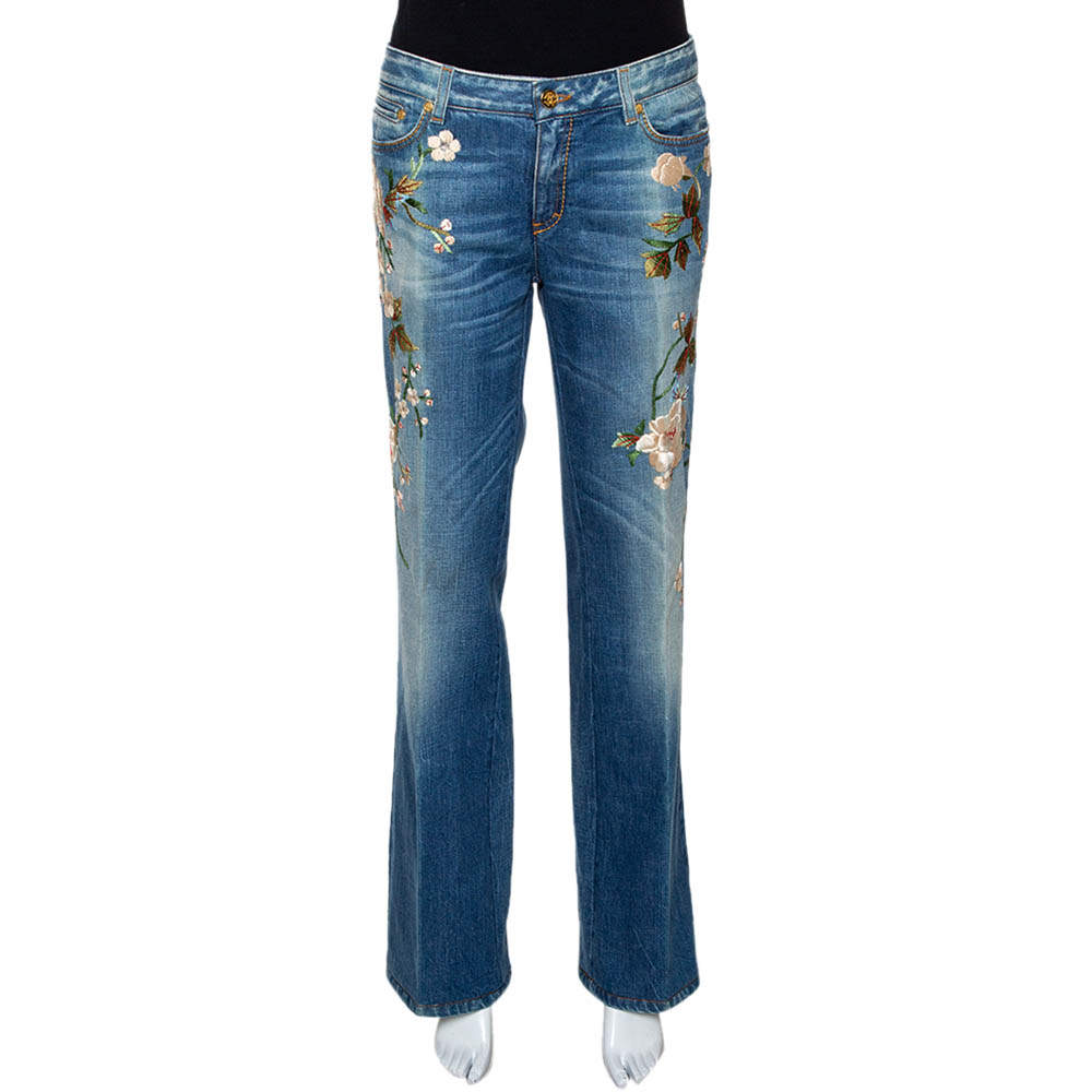 Pre Owned Roberto Cavalli Blue Floral Embroidered Denim Flared Jeans L
