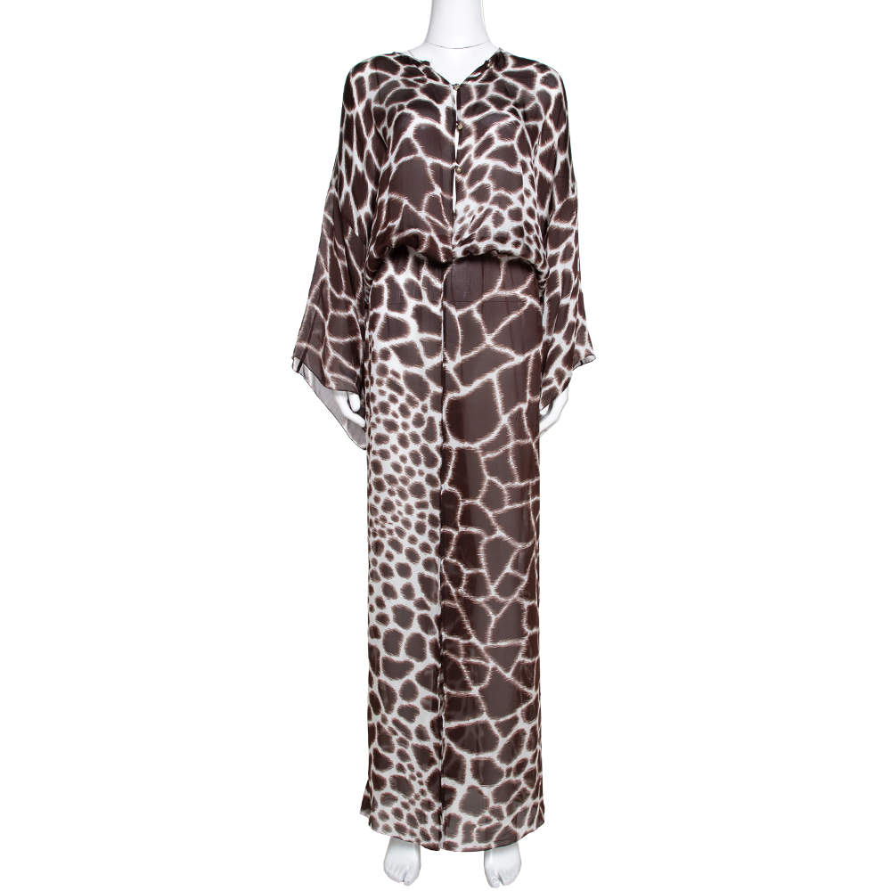 Pre Owned Roberto Cavalli Brown Printed Silk Front Slit Detail Sheer Maxi Kaftan L