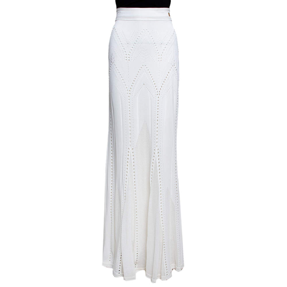 Pre Owned تنورة روبرتو كافالي ماكسي تريكو بوانتل بيضاء L
