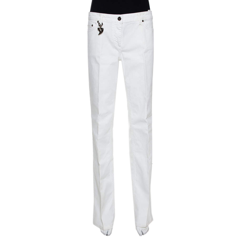 مملوكة مسبقًا Roberto Cavalli White Denim Claw Detail Wide Leg Jeans L