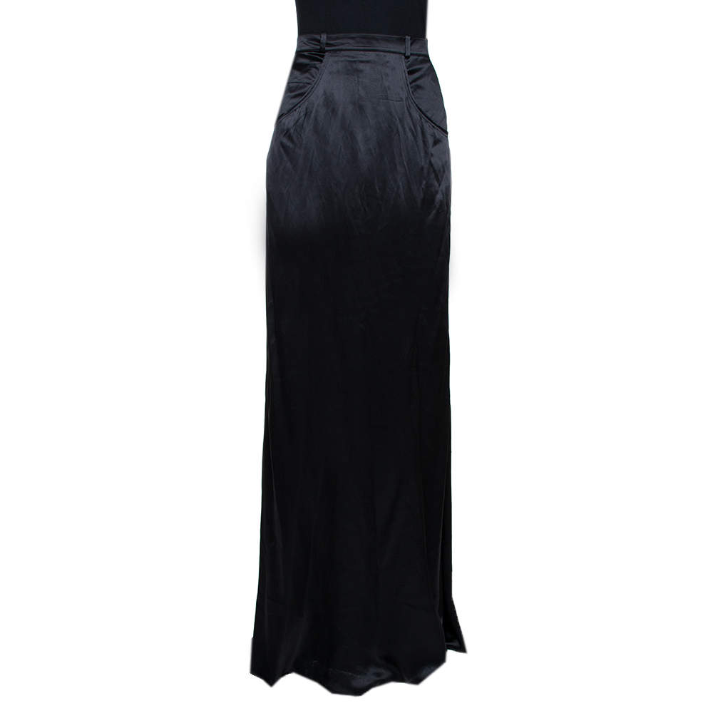 Pre Owned Roberto Cavalli Black Silk Satin Pocket Detail Flared Skirt L