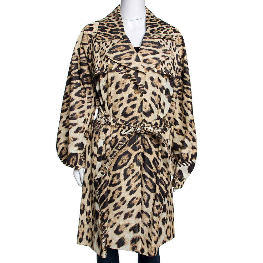 Pre Owned Roberto Cavalli Beige Leopard Printed Cotton Blend Belted Trench Coat M