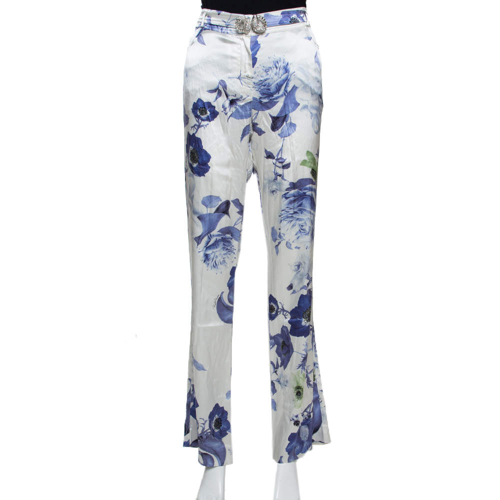 Roberto Cavalli White & Blue Floral Printed Stretch Silk Straight Leg Trousers L