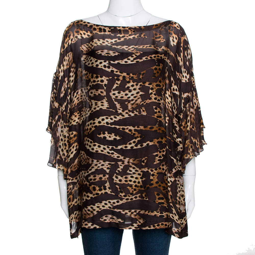 Pre Owned Roberto Cavalli Brown Animal Printed Silk Boat Neck Top M