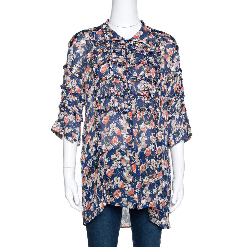 Pre Owned بلوزة روبرتو كافالي حرير أزرق مورد مطبوع بكشكشة مزينة مقاس متوسط (ميديوم)