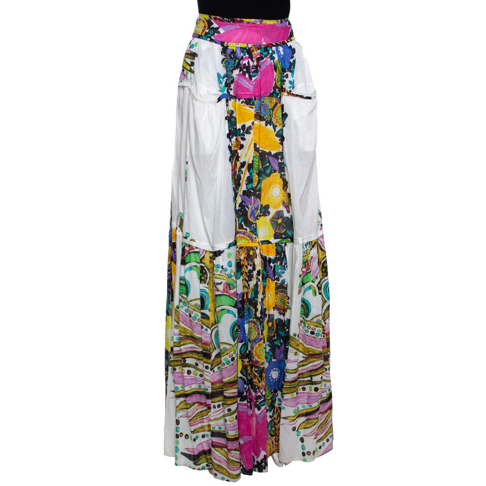 Pre Owned Roberto Cavalli White Printed Cotton Gathered Maxi Skirt M