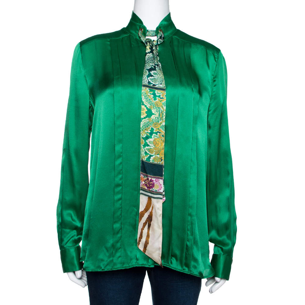 Pre Owned Roberto Cavalli Green Silk Neck Tie Detail Long Sleeve Blouse M
