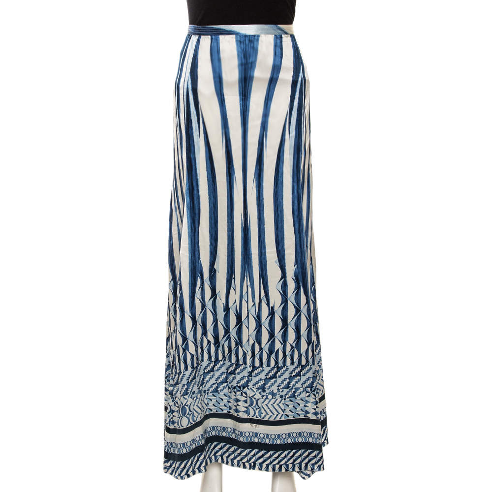 Pre Owned Roberto Cavalli Blue Abstract Stripe Printed Silk Flared Maxi Skirt L 