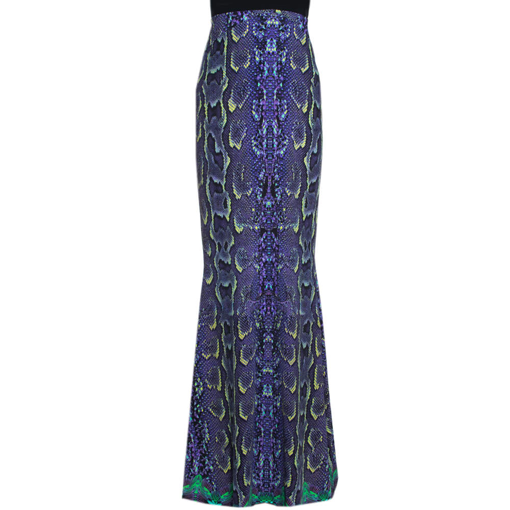 Pre Owned تنورة ماكسي روبرتو كافالي جيرسيه سترتش نقشة الثعبان بنفسجية مطبوعة مقاس كبير (لارج)