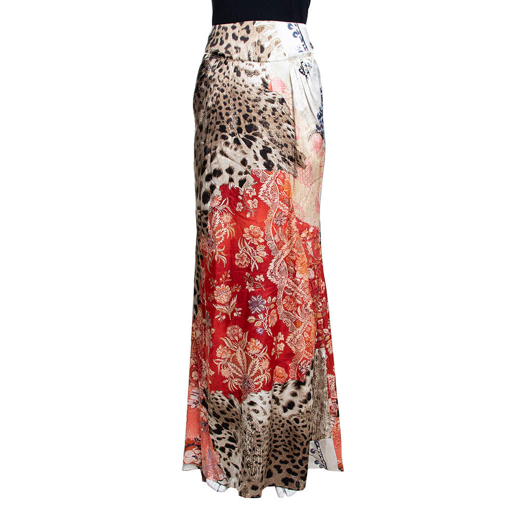 مملوكة مسبقًا Roberto Cavalli Multicolor Printed Silk Pleated Pocket Detail Maxi Skirt L