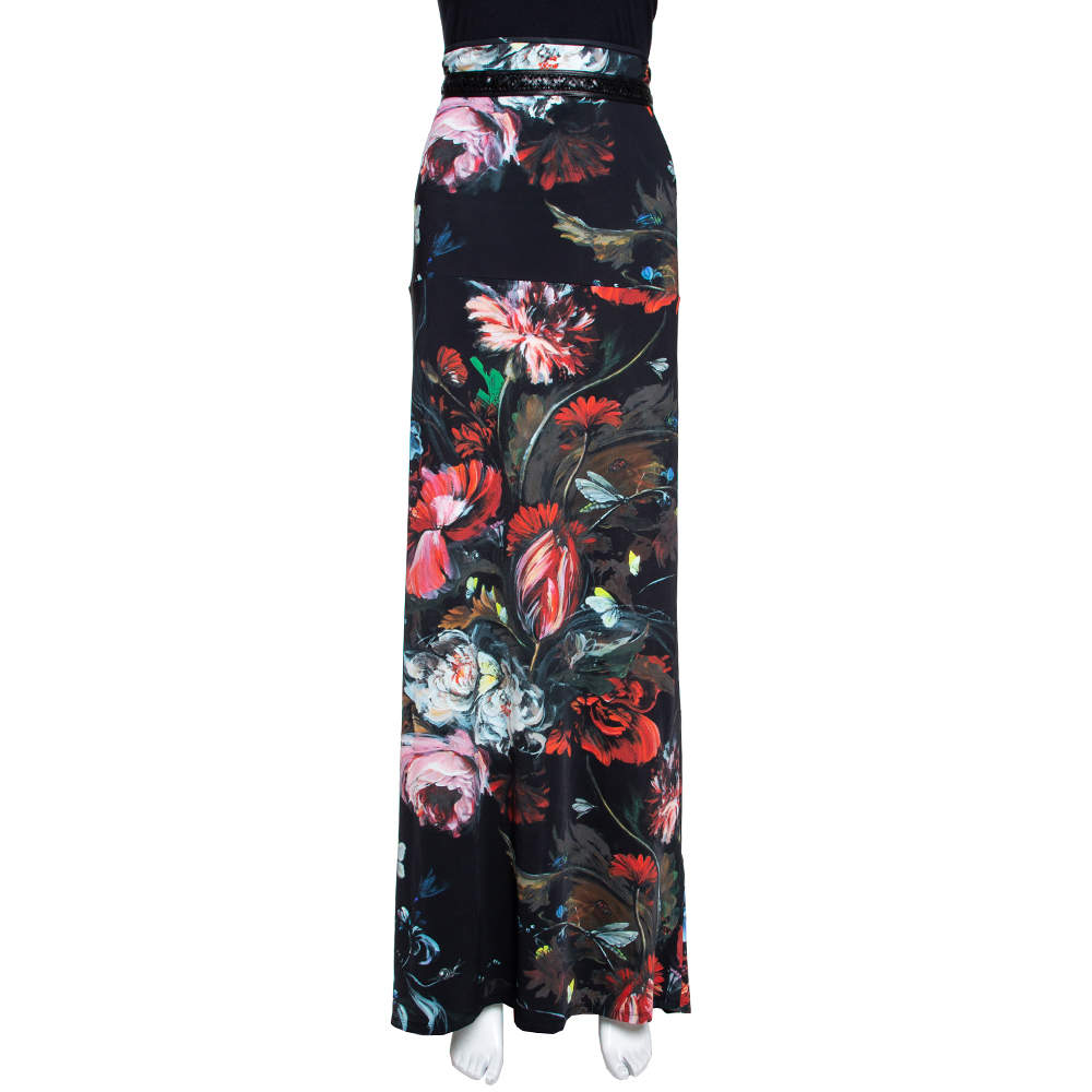 Roberto Cavalli Black Floral Printed Jersey & Leather Trim Detail Maxi Skirt L 