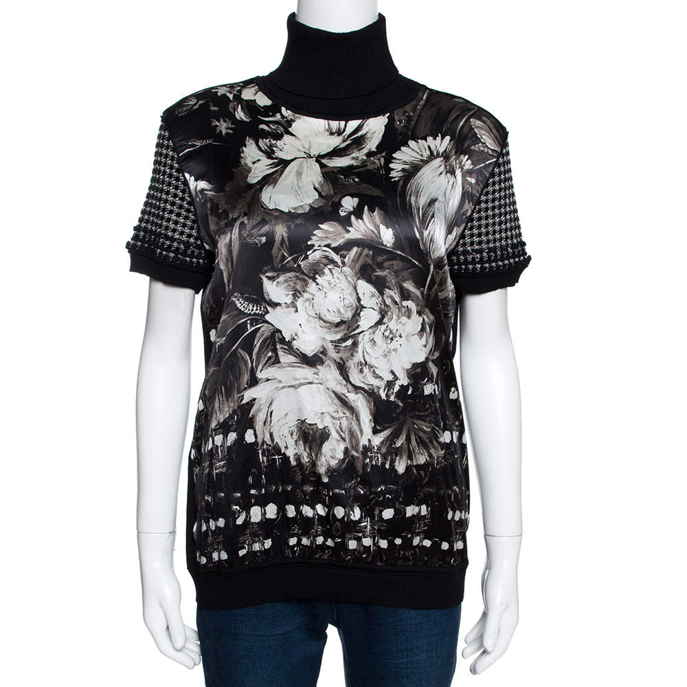 Pre Owned Roberto Cavalli Monochrome Printed Silk & Knit Short Sleeve Turtleneck Top L
