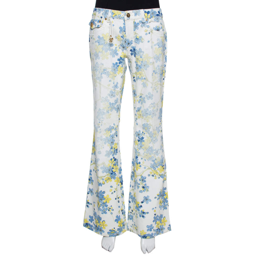 Roberto Cavalli White Floral Printed Denim Flared Jeans L 