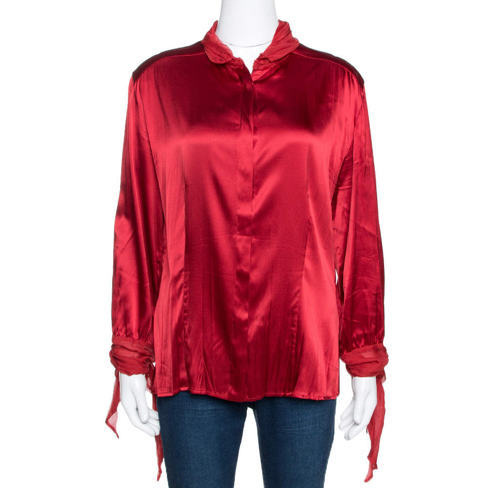 Pre Owned بلوزة روبرتو كافالي أكمام طويلة حافة شيفون وحرير سترتش حمراء L