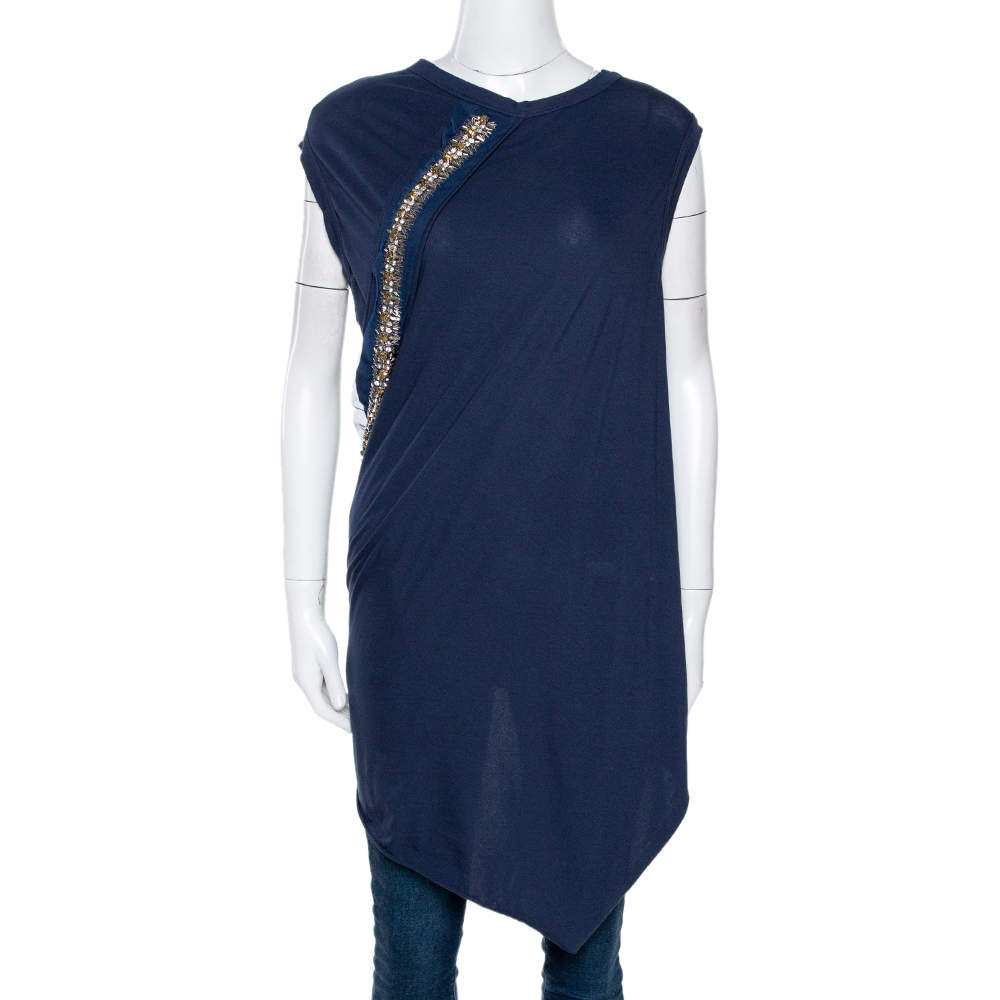 مملوكة مسبقًا Roberto Cavalli Navy Blue Cotton Embellished Asymmetrical Top M