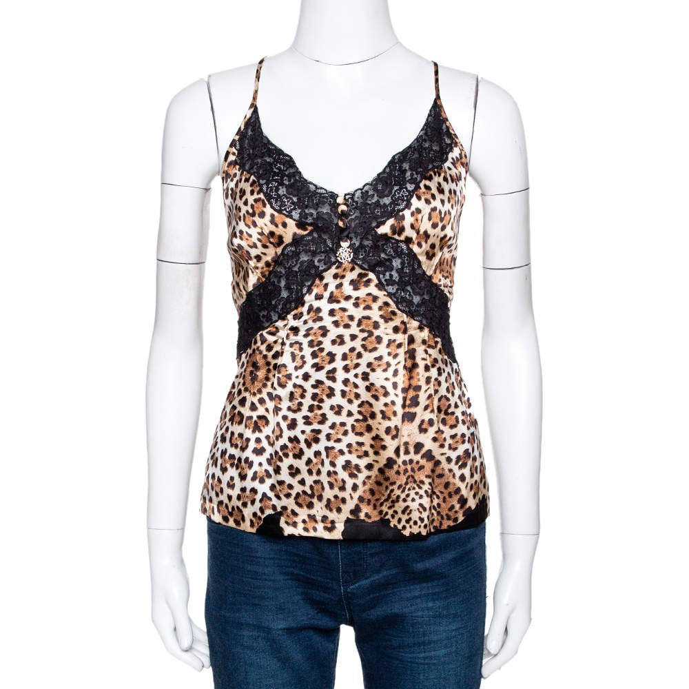 Pre Owned Roberto Cavalli Brown Animal Print Silk Lace Trim Camisole Top L