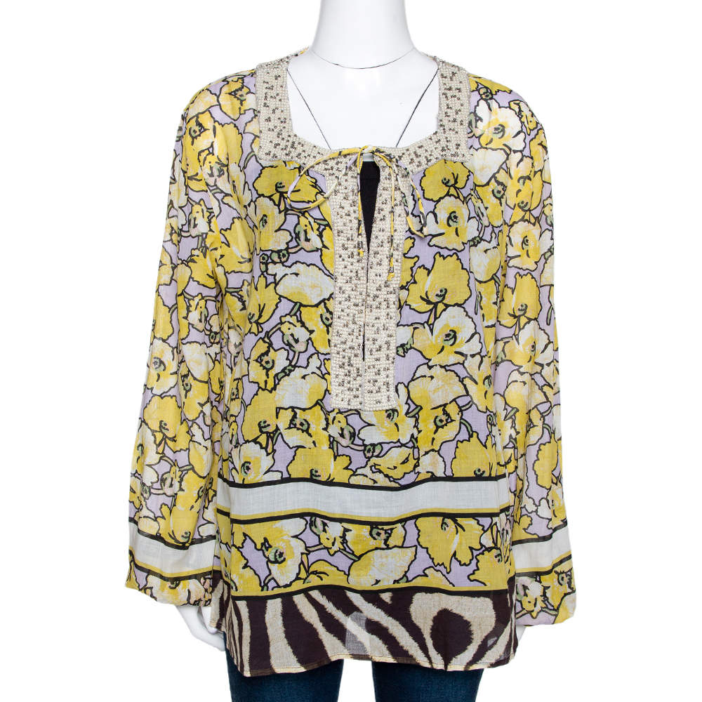 Pre Owned Roberto Cavalli Yellow Printed Cotton Bead Embellished Top L