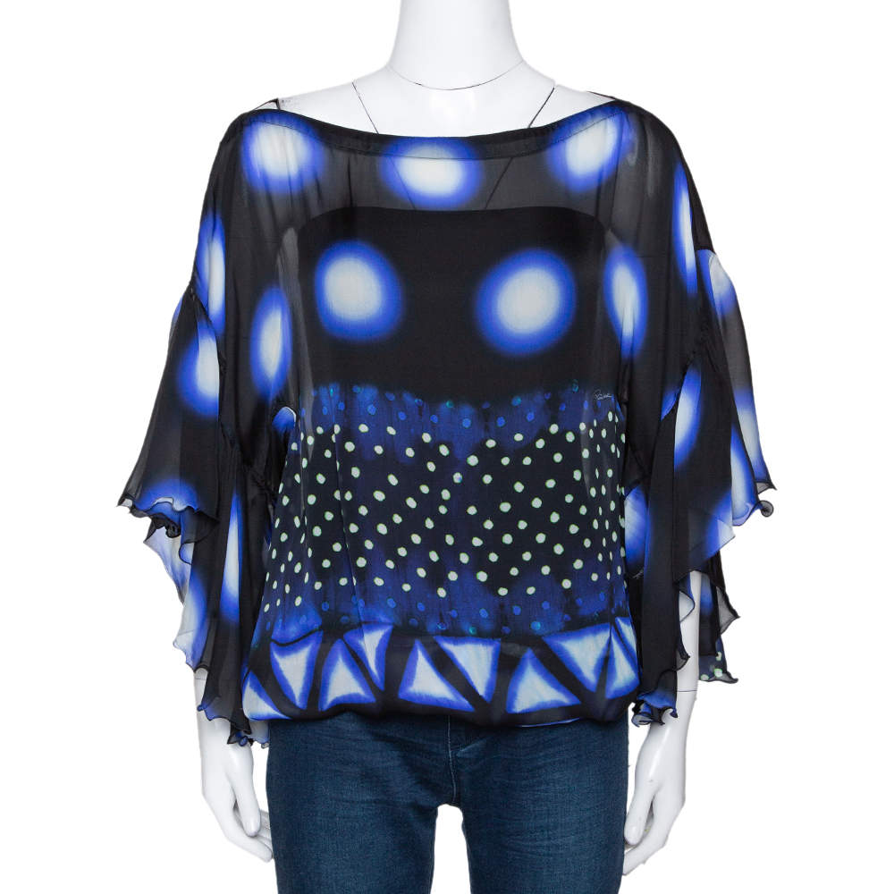 Pre Owned Roberto Cavalli Blue & Black Printed Silk Sheer Blouse S