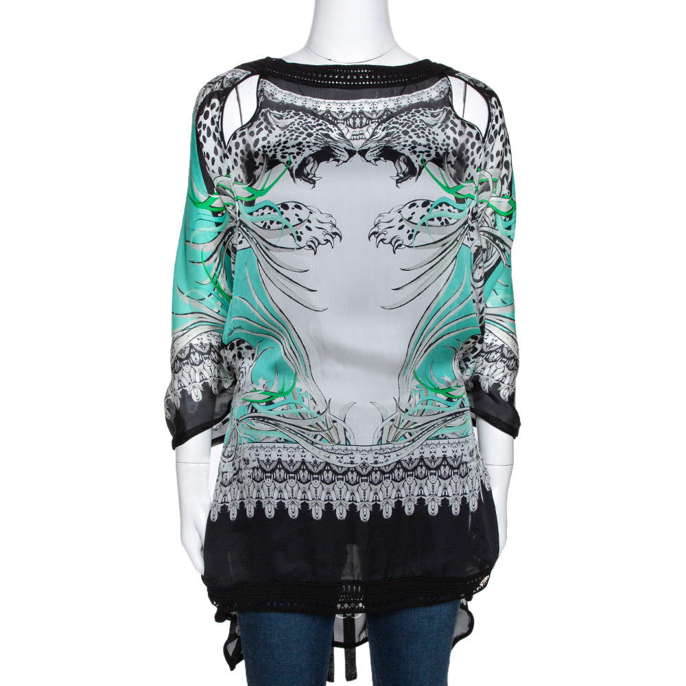 مملوكة مسبقًا Roberto Cavalli Mint Green Abstract Printed Silk Contrast Knit Trim Kaftan Top M