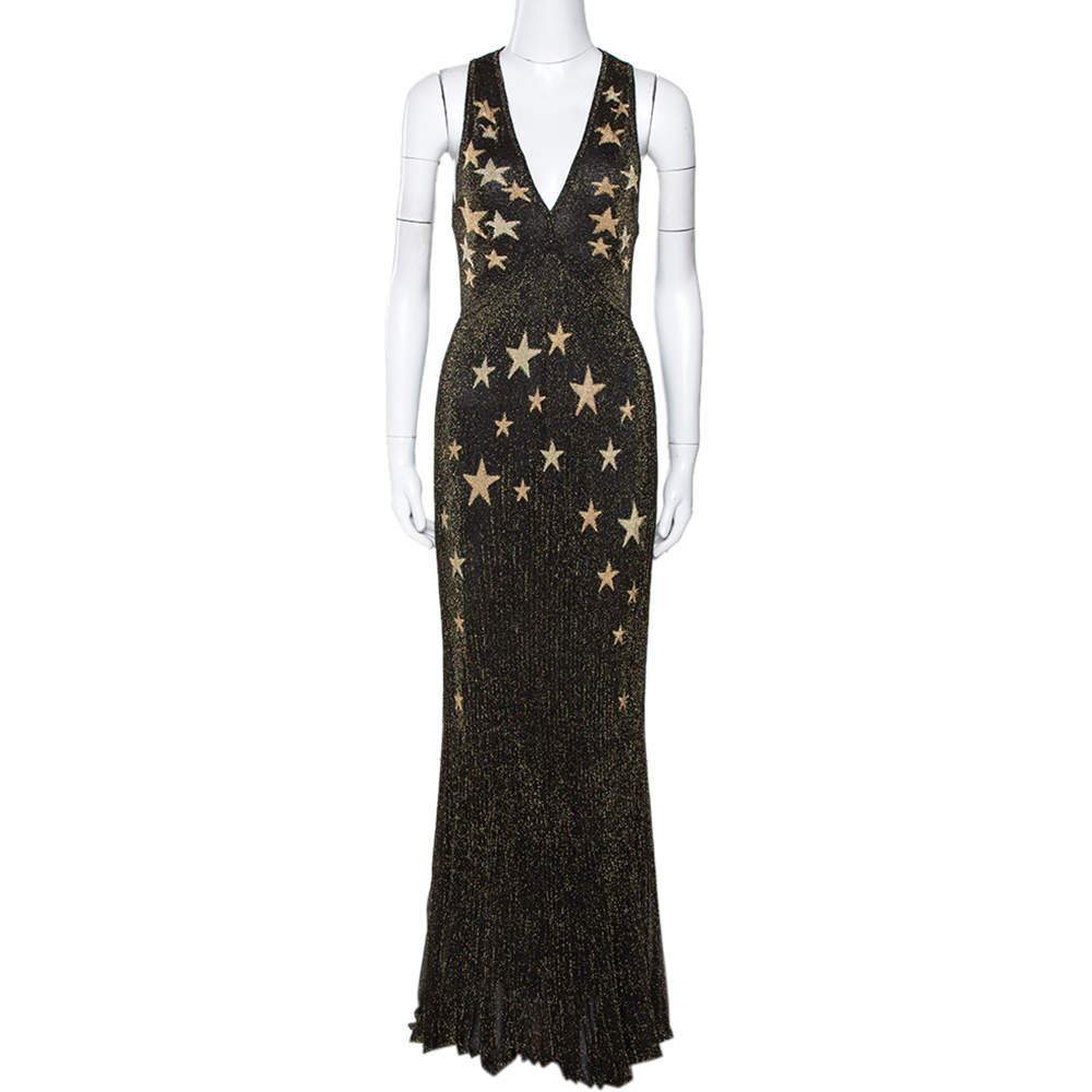 Roberto Cavalli Black & Gold Star Lurex Rib Knit Sleeveless Gown M