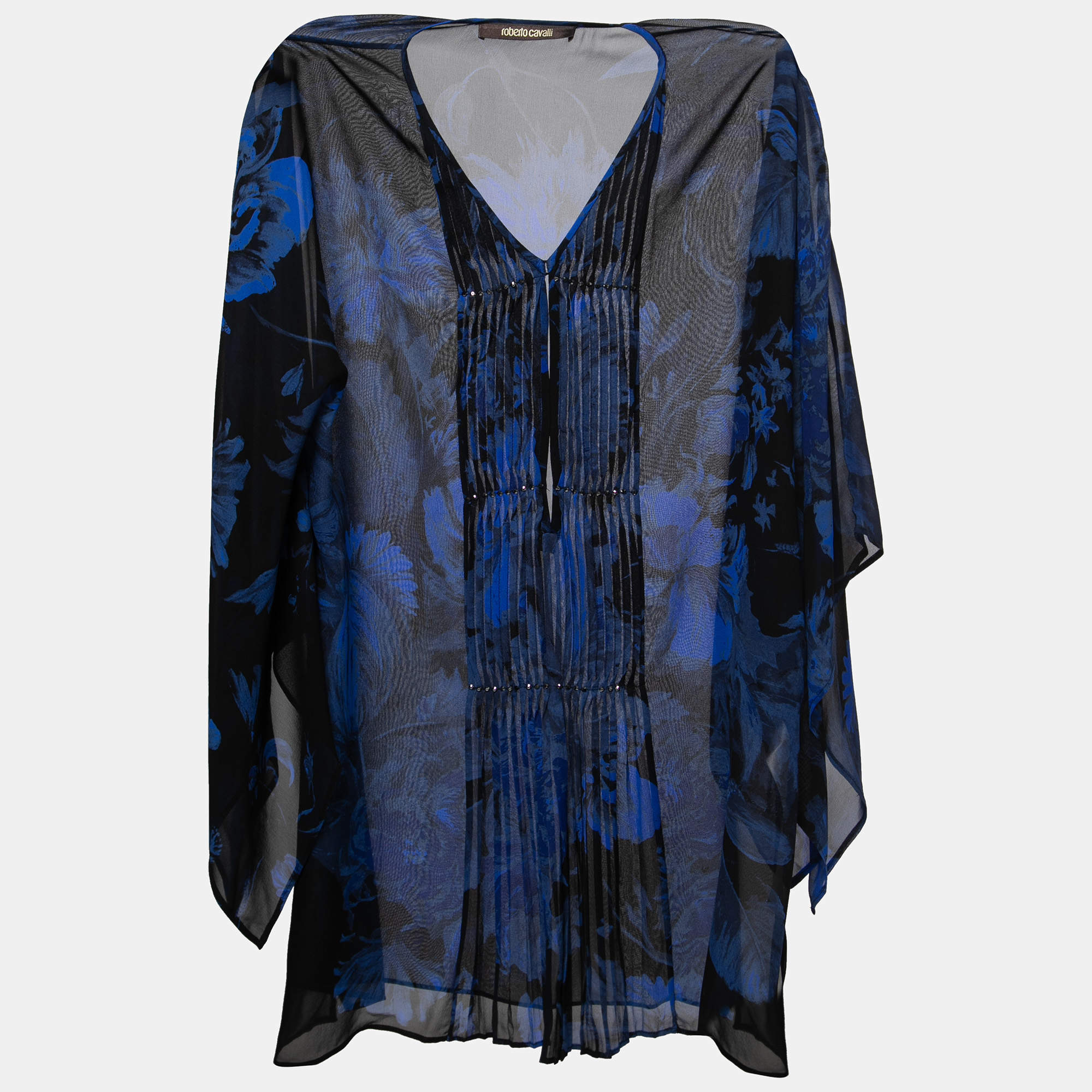مملوكة مسبقًا Roberto Cavalli Blue Printed Silk Bead Embellished Kimono Top M