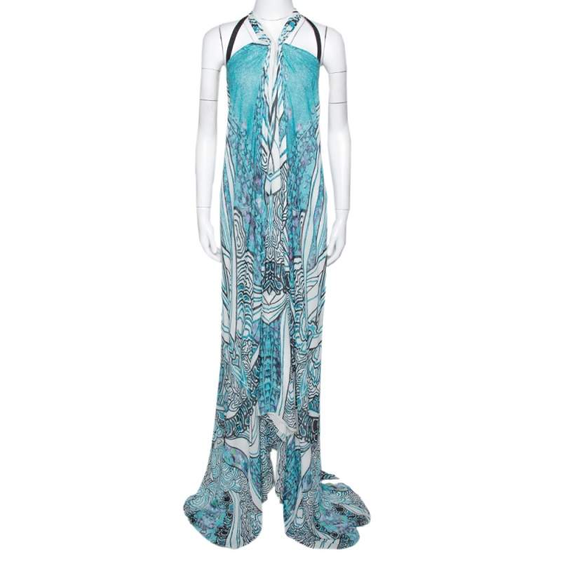 Pre Owned Roberto Cavalli Blue Silk Gathered Asymmetric Halter Dress S