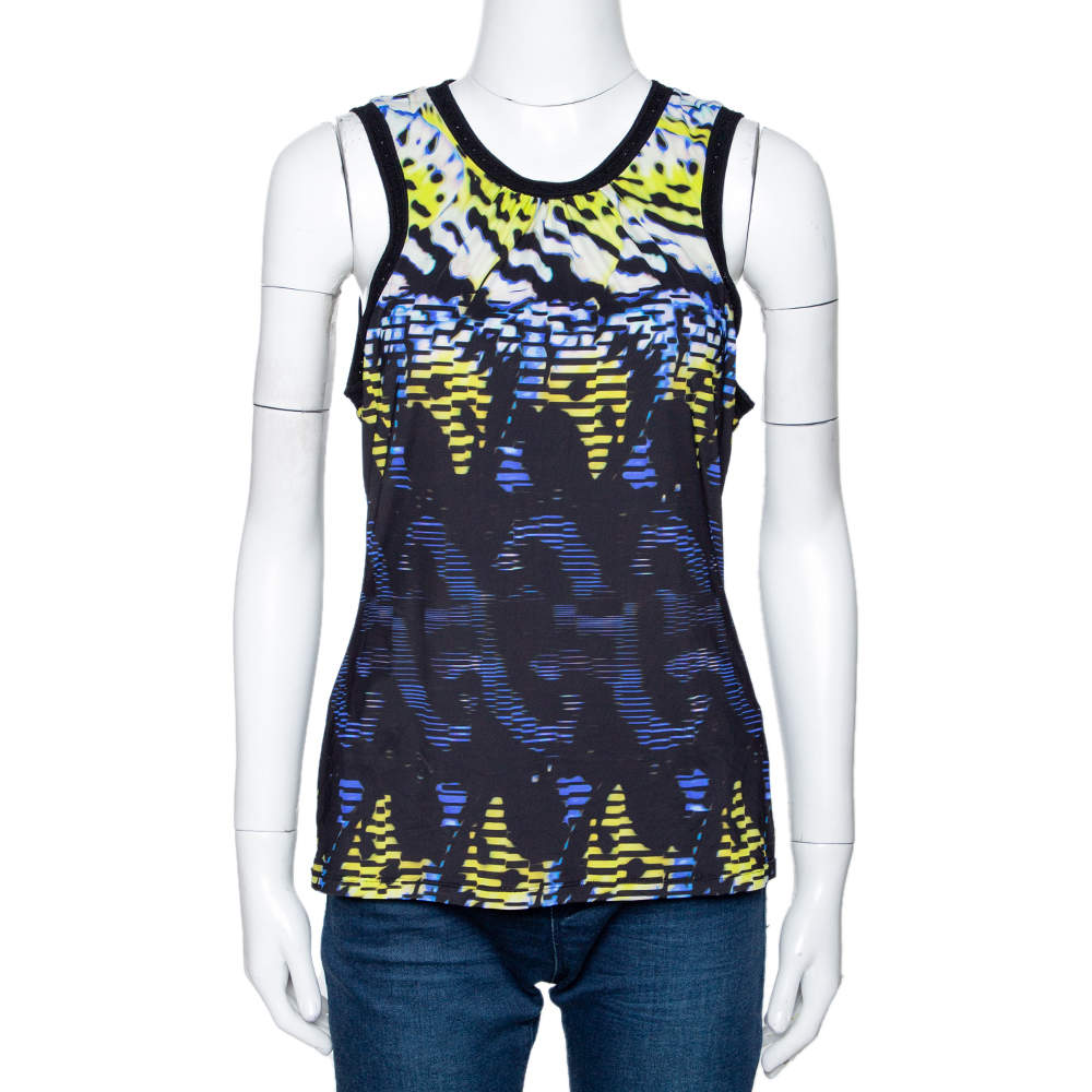 Pre Owned توب روبرتو كافالي بلا أكمام جيرسيه ستريتش مطبوع أسود M