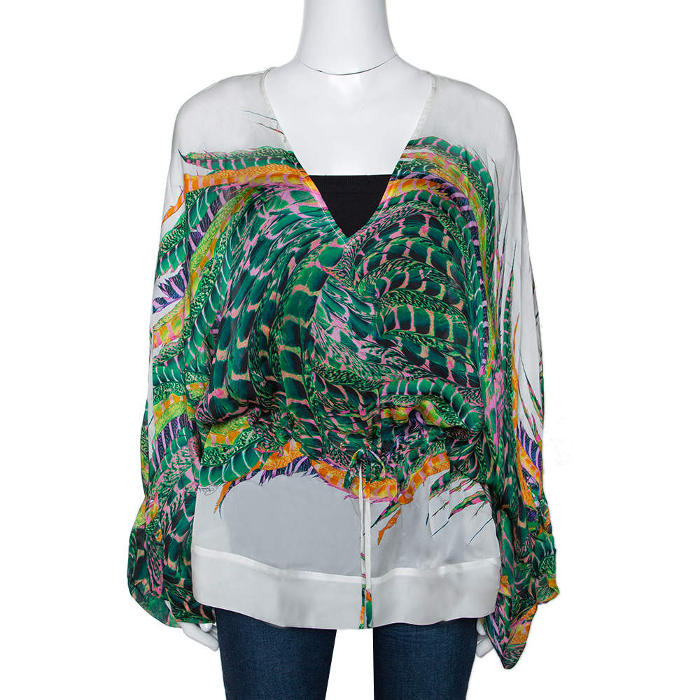 Pre Owned Roberto Cavalli Green Feather Print Silk Kaftan Blouse M