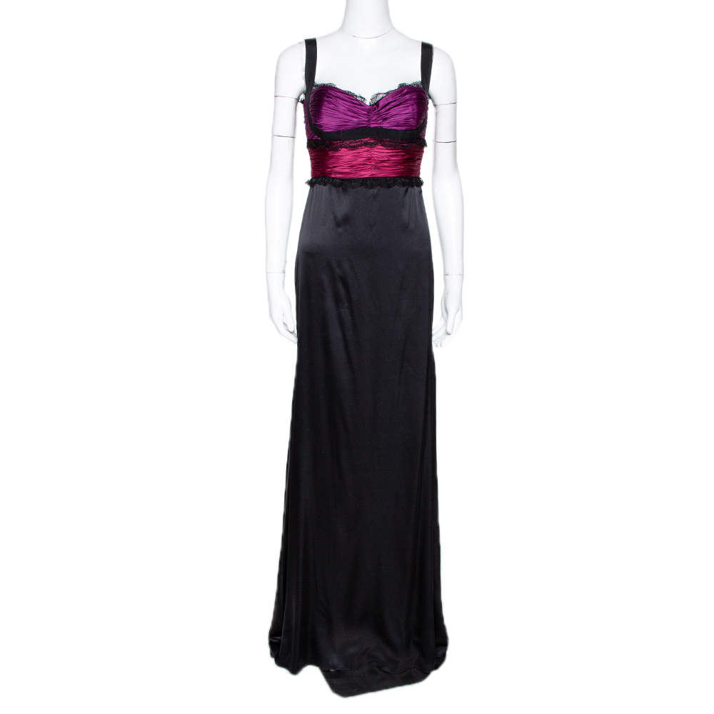 Roberto Cavalli Black Silk Lace Trim Gathered Maxi Dress M