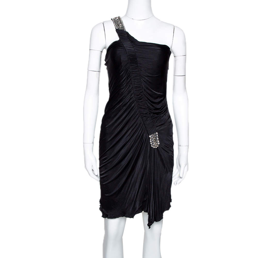 Pre Owned Roberto Cavalli Black Jersey Embellished One Shoulder Mini Dress M