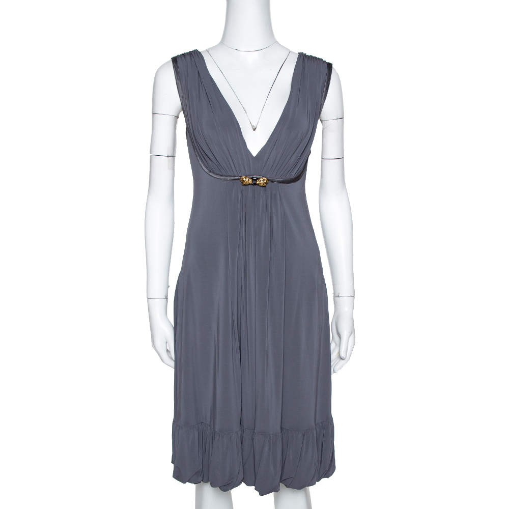 Pre Owned Roberto Cavalli Grey Draped Jersey Brooch Detail Short Dress S