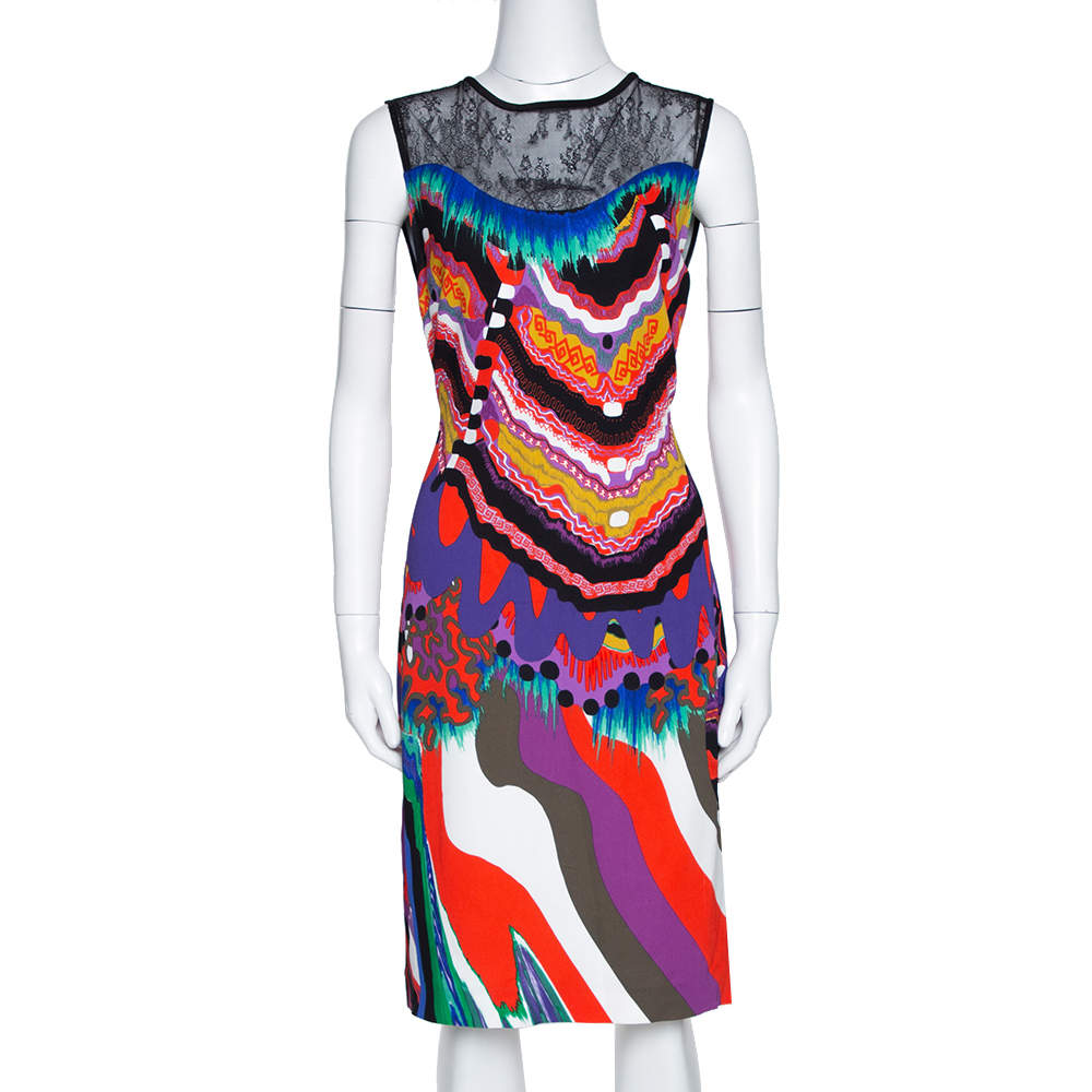 Roberto Cavalli Multicolor Abstract Printed Stretch Crepe Lace Panel Shift Dress M