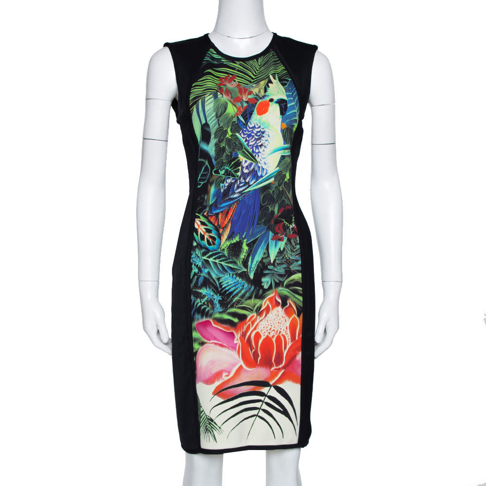 Pre Owned فستان روبرتو كافالي بوديكون تريكو سترتش طباعة تروبيكال متعدد الألوان M